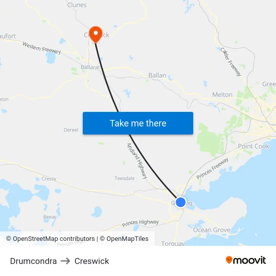 Drumcondra to Creswick map