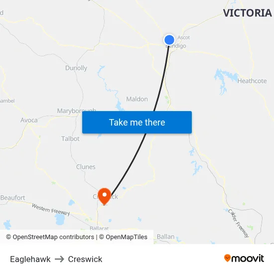 Eaglehawk to Creswick map