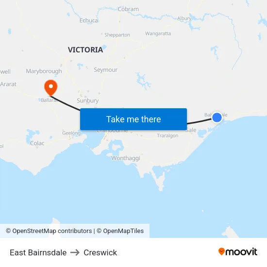 East Bairnsdale to Creswick map