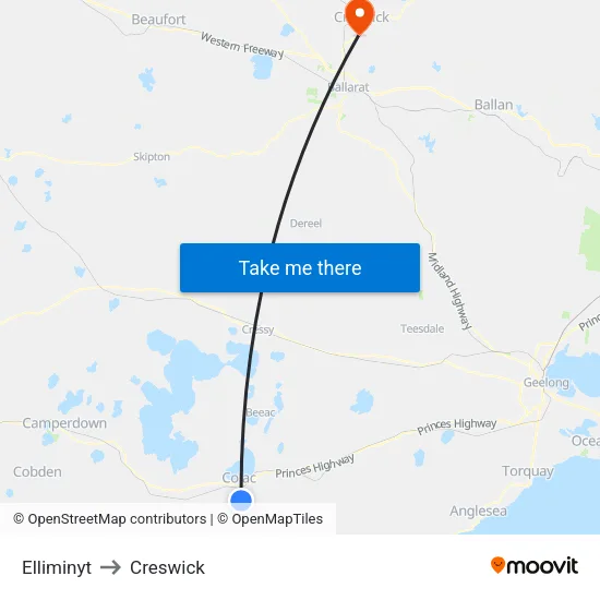 Elliminyt to Creswick map