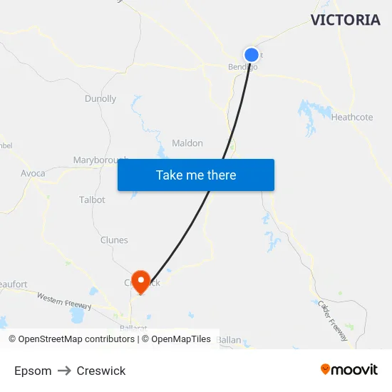 Epsom to Creswick map