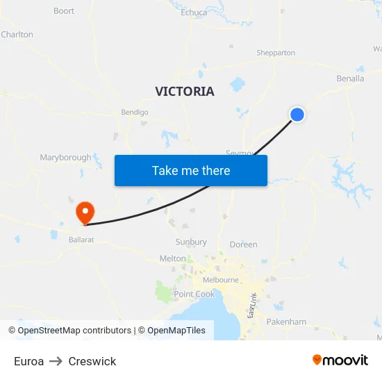 Euroa to Creswick map