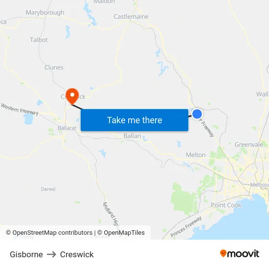 Gisborne to Creswick map