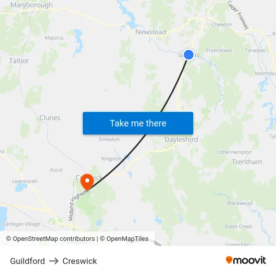 Guildford to Creswick map