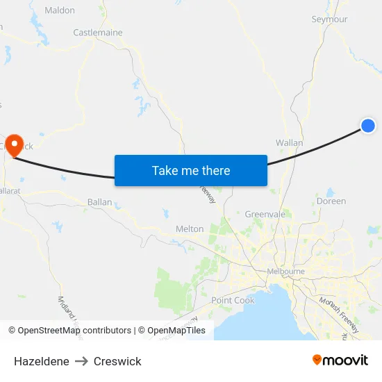 Hazeldene to Creswick map