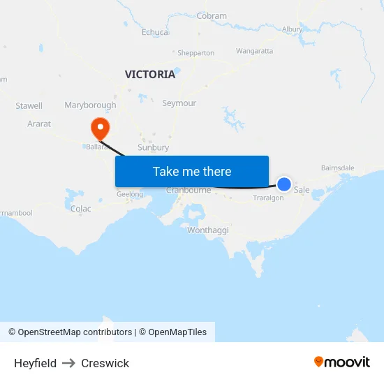 Heyfield to Creswick map