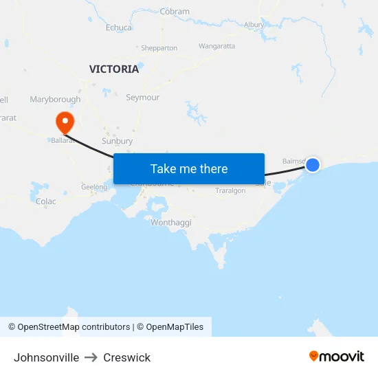 Johnsonville to Creswick map