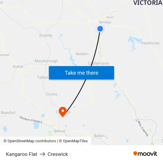 Kangaroo Flat to Creswick map