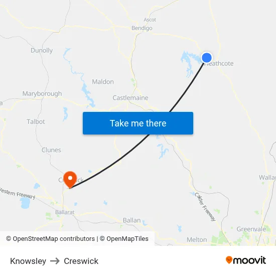 Knowsley to Creswick map