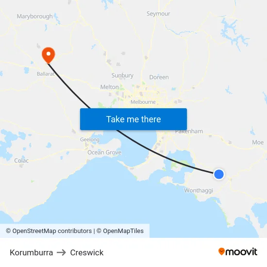 Korumburra to Creswick map