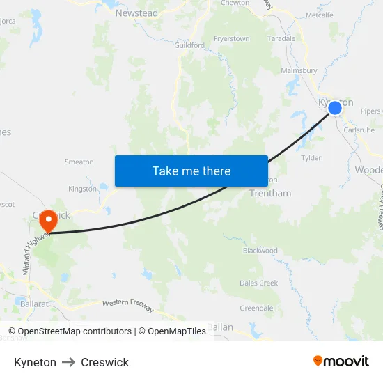 Kyneton to Creswick map