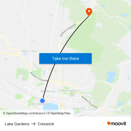 Lake Gardens to Creswick map