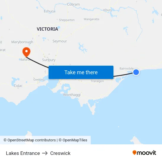 Lakes Entrance to Creswick map