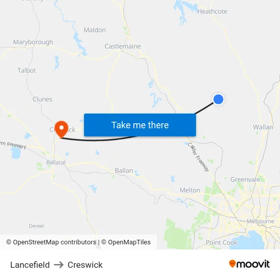 Lancefield to Creswick map