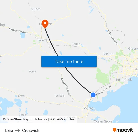 Lara to Creswick map