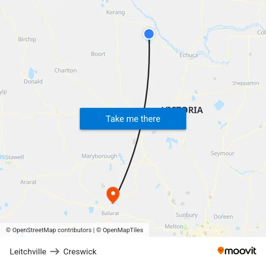Leitchville to Creswick map
