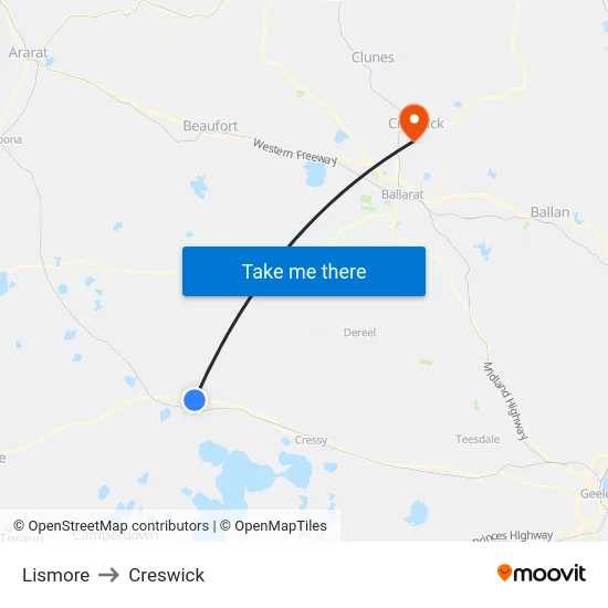 Lismore to Creswick map