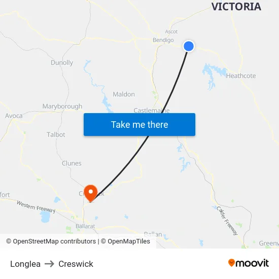 Longlea to Creswick map