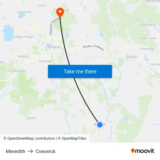 Meredith to Creswick map