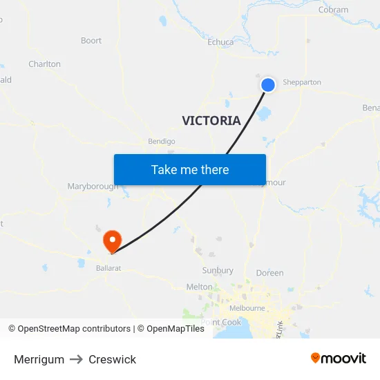Merrigum to Creswick map