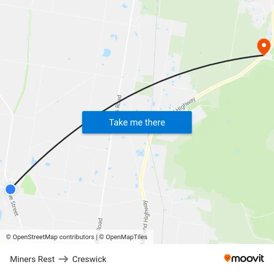 Miners Rest to Creswick map