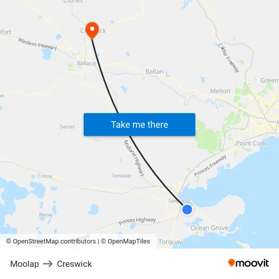 Moolap to Creswick map