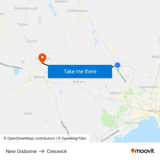 New Gisborne to Creswick map