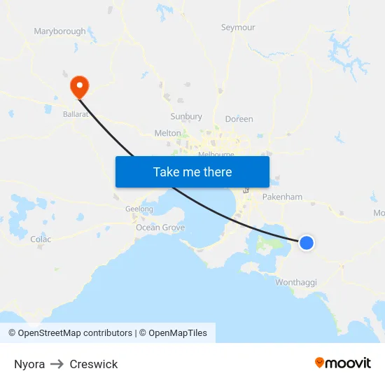 Nyora to Creswick map
