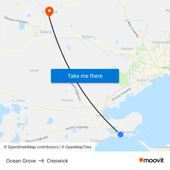 Ocean Grove to Creswick map