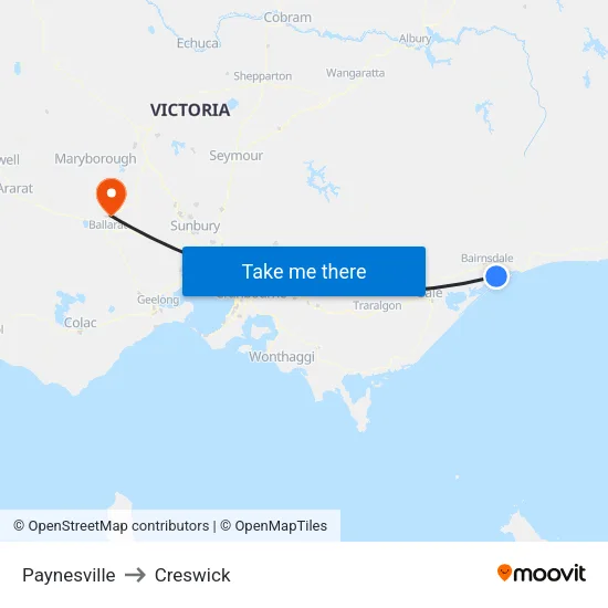 Paynesville to Creswick map