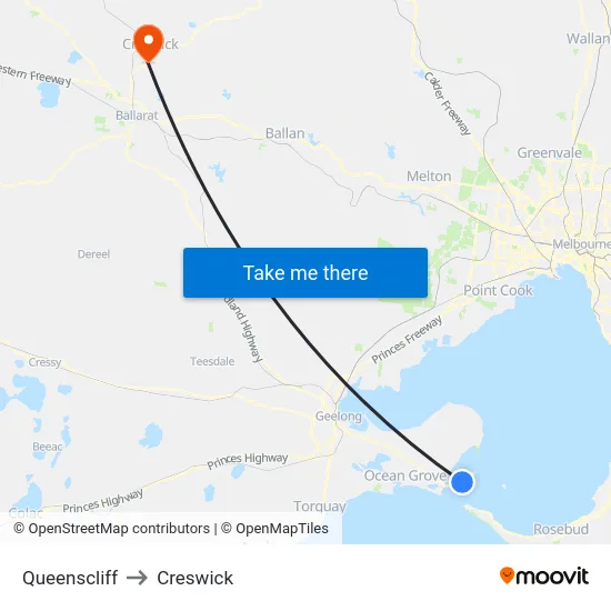 Queenscliff to Creswick map