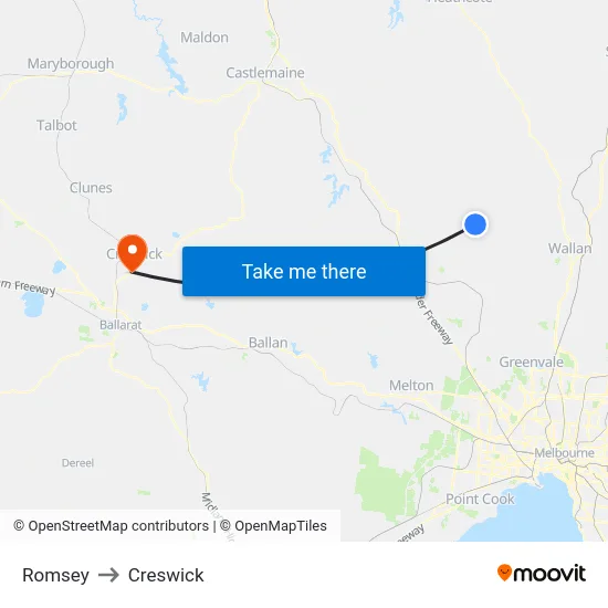 Romsey to Creswick map