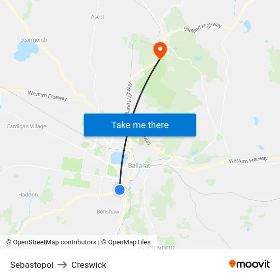 Sebastopol to Creswick map