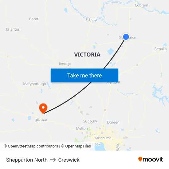 Shepparton North to Creswick map