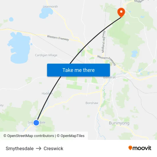 Smythesdale to Creswick map