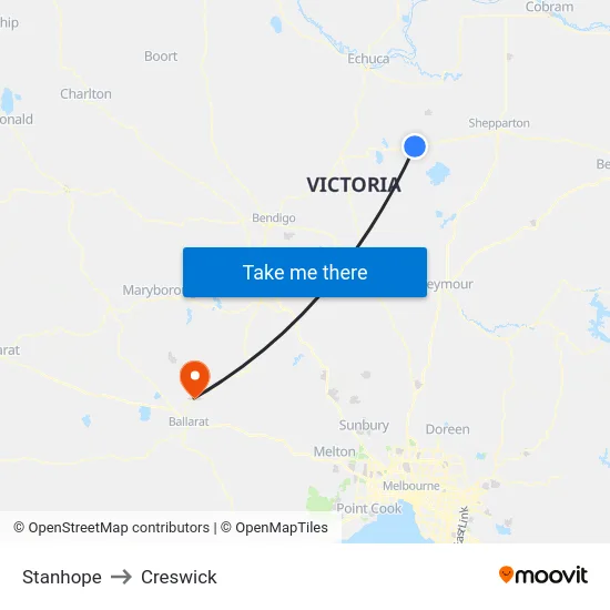 Stanhope to Creswick map