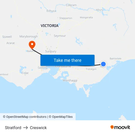 Stratford to Creswick map
