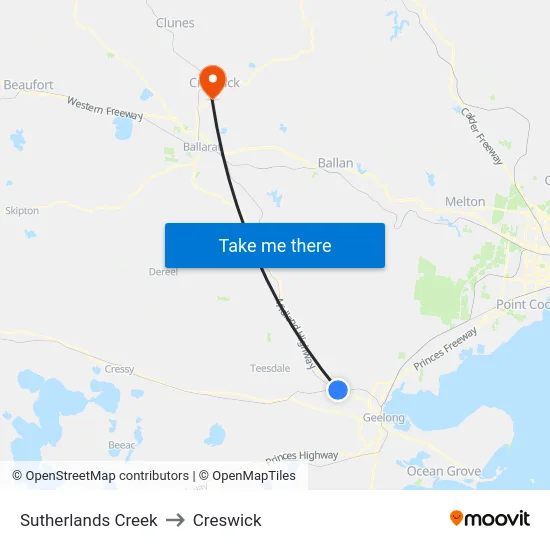 Sutherlands Creek to Creswick map