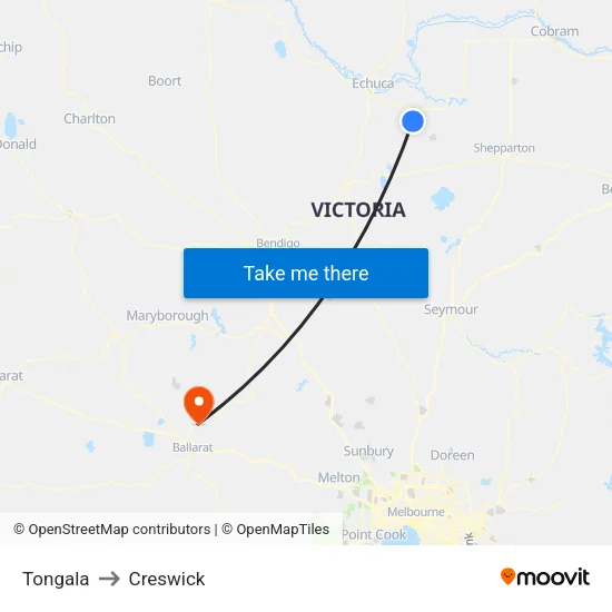 Tongala to Creswick map