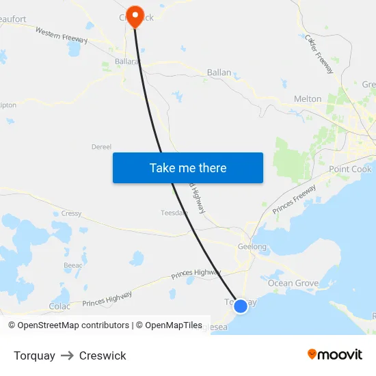 Torquay to Creswick map
