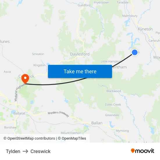 Tylden to Creswick map