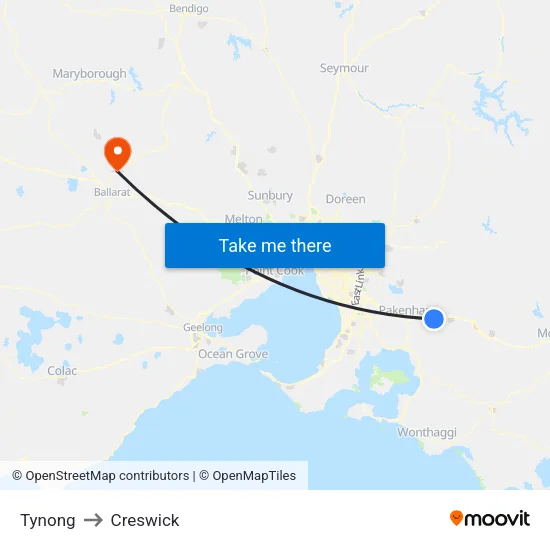 Tynong to Creswick map