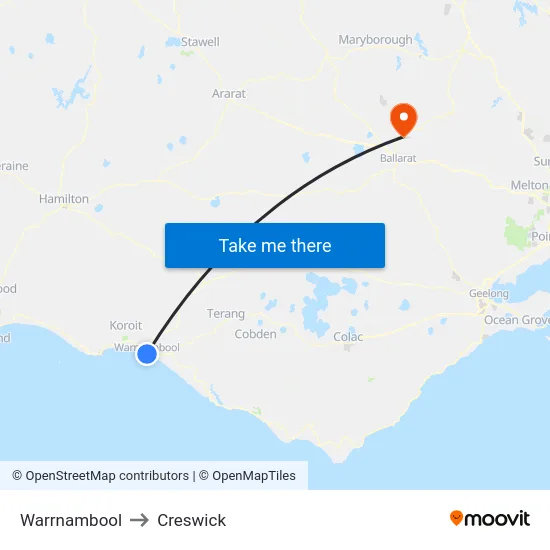 Warrnambool to Creswick map