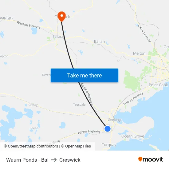 Waurn Ponds - Bal to Creswick map