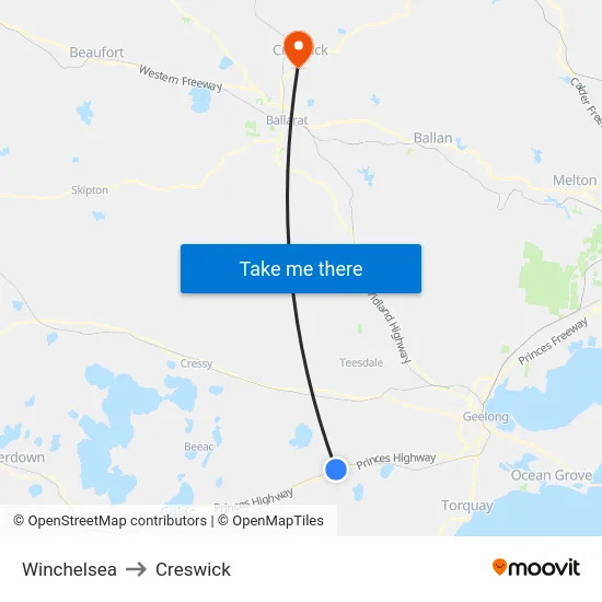 Winchelsea to Creswick map