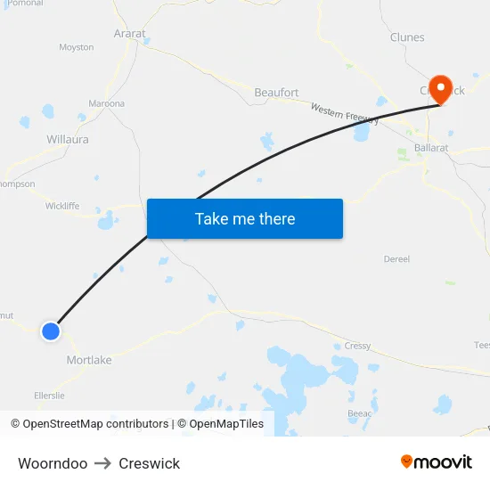 Woorndoo to Creswick map