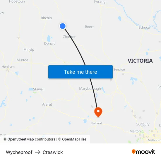 Wycheproof to Creswick map