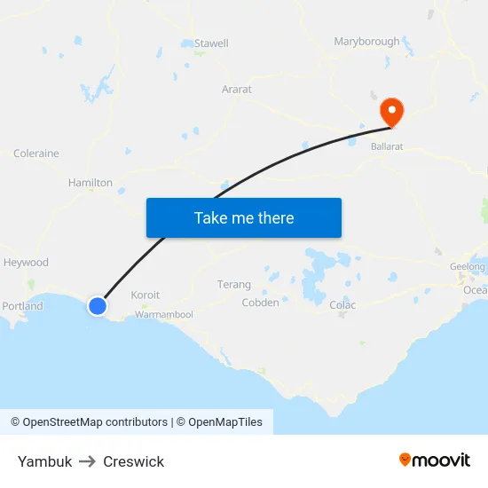 Yambuk to Creswick map