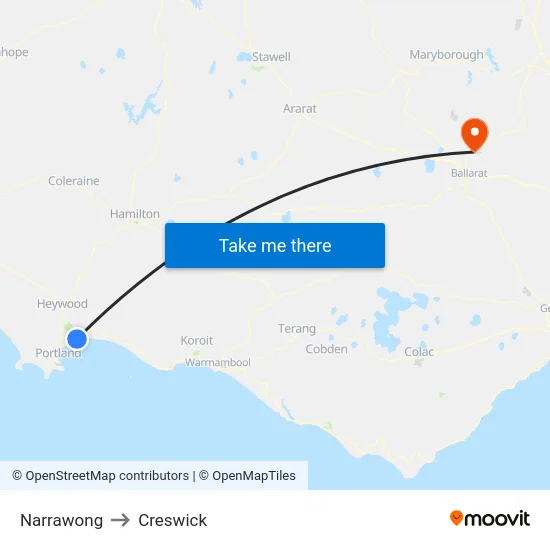 Narrawong to Creswick map