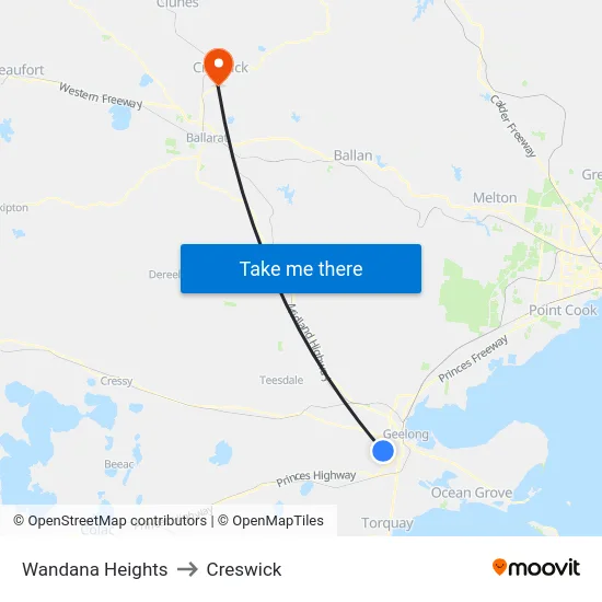 Wandana Heights to Creswick map
